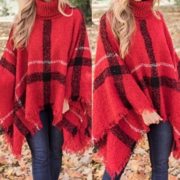 Cozy Red Turtleneck Plaid Frayed Hem Poncho - Picture 5 of 13